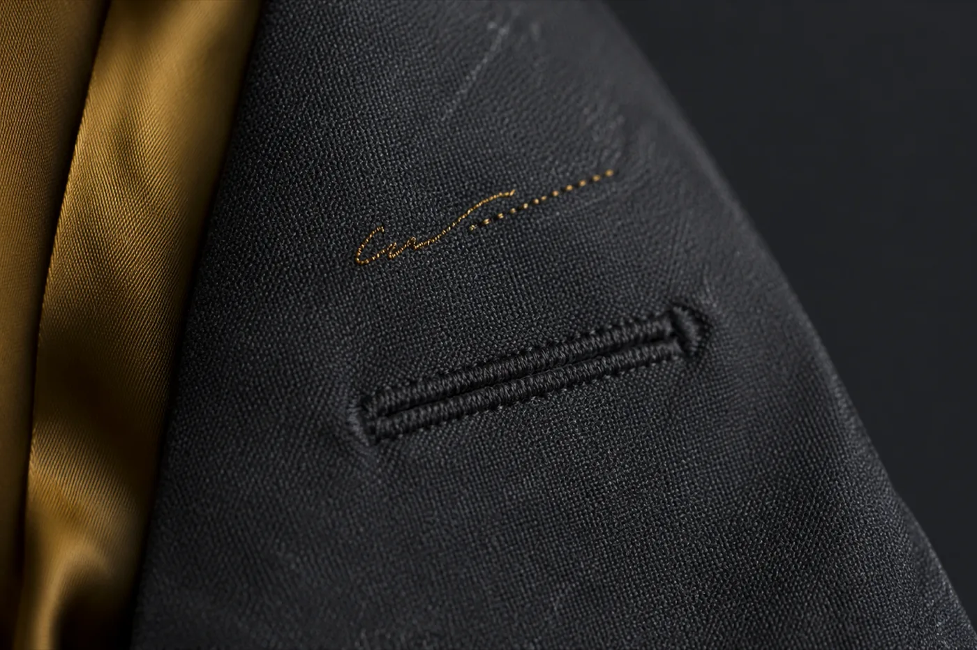 Handgestochenes Knopfloch und goldene Signatur-Stickerei neben goldenem Innenfutter